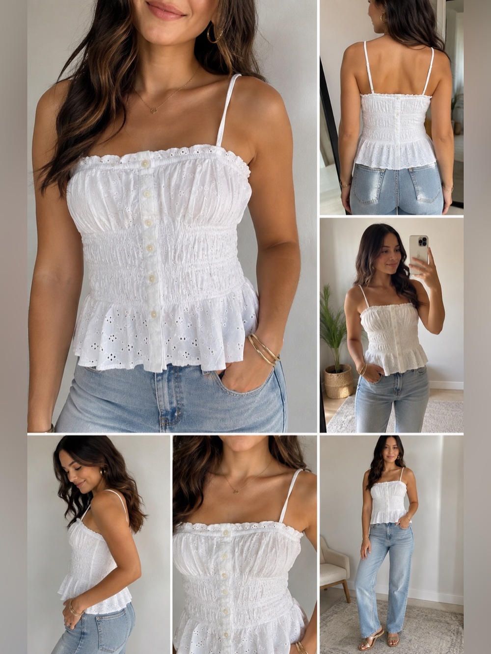 LOFT White Eyelet Smocked Ruffle Peplum Cami Top NWT Size S